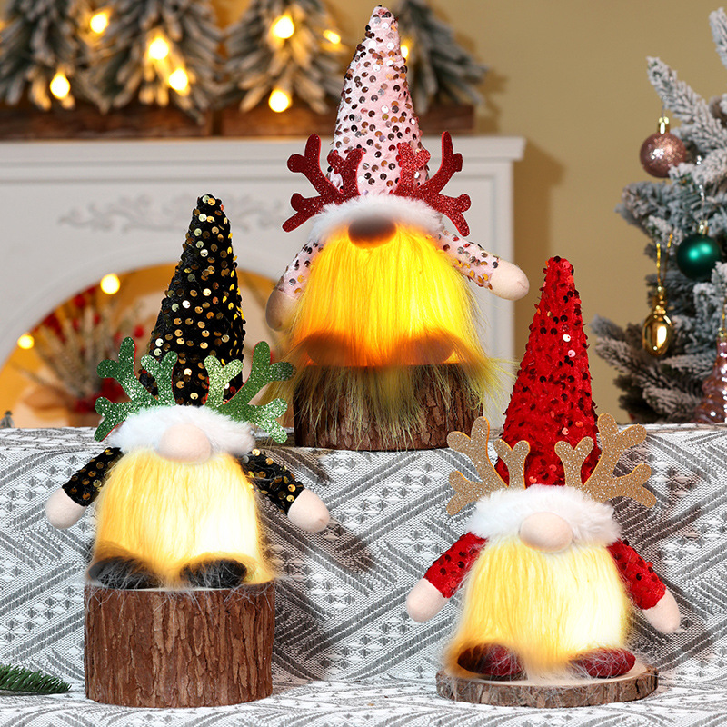 圣诞鲁道夫发光公仔圣诞节亮片无脸老人摆件平安夜橱窗装饰品