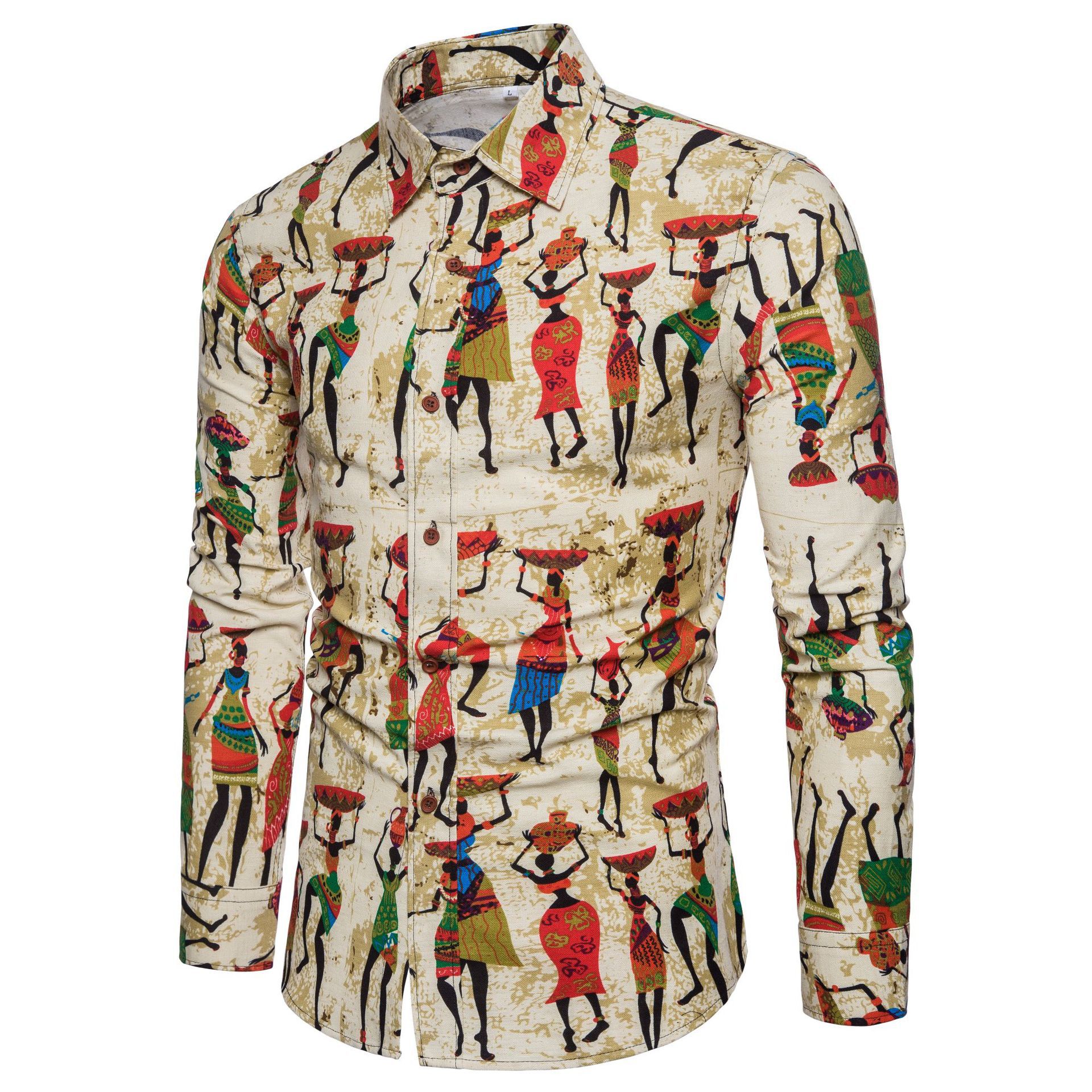 Camicia casual a maniche lunghe in cotone e lino stile etnico da uomo, taglia europea, primavera-autunno 2024_voghion.com