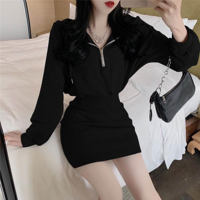 法式连帽休闲卫衣连衣裙女春秋季新款收腰气质显瘦打底包臀裙子|undefined