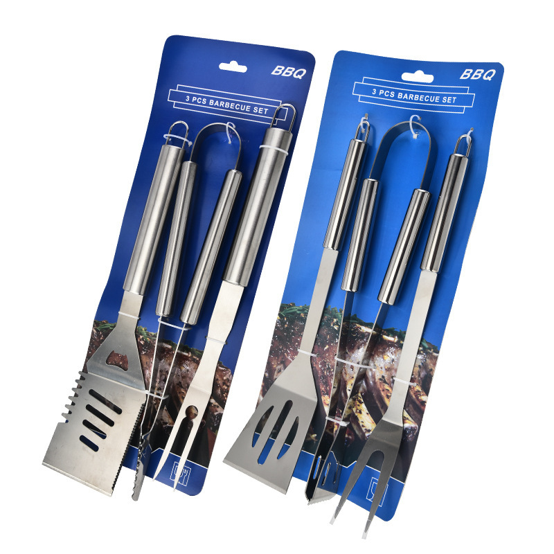Fábrica directa de parrilla de acero inoxidable pala y horquilla combinación de abrazadera de tres piezas BBQ camping al aire libre parrilla de comida familiar