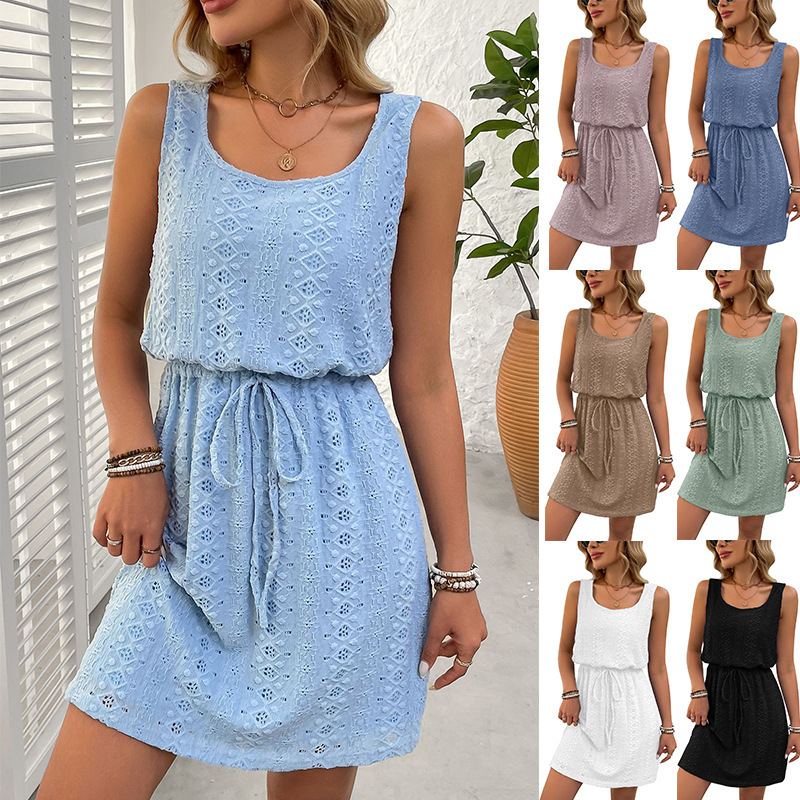 Amazon 2025 European and American Export Cross-Border Women's Square Collar Spring and Summer Women's Cut Out Texture Drawstring Sleeveless Dress