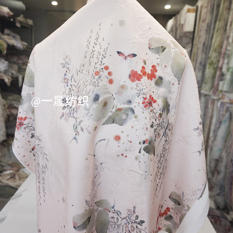 蝶恋花水墨画新中式印花布料芊竹绒秋冬针织提花复合布牛奶丝面料