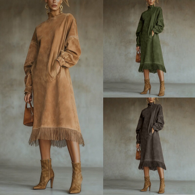 In-Stock European and American Cross-Border Women's Tassel Long-Sleeve Loose Long Dress with Pockets, High-Neck Suede Retro Dress