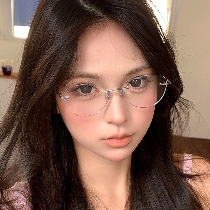 韩系清冷无边框眼镜女近视可配有度数防蓝光高智感猫眼无框眼睛架|undefined