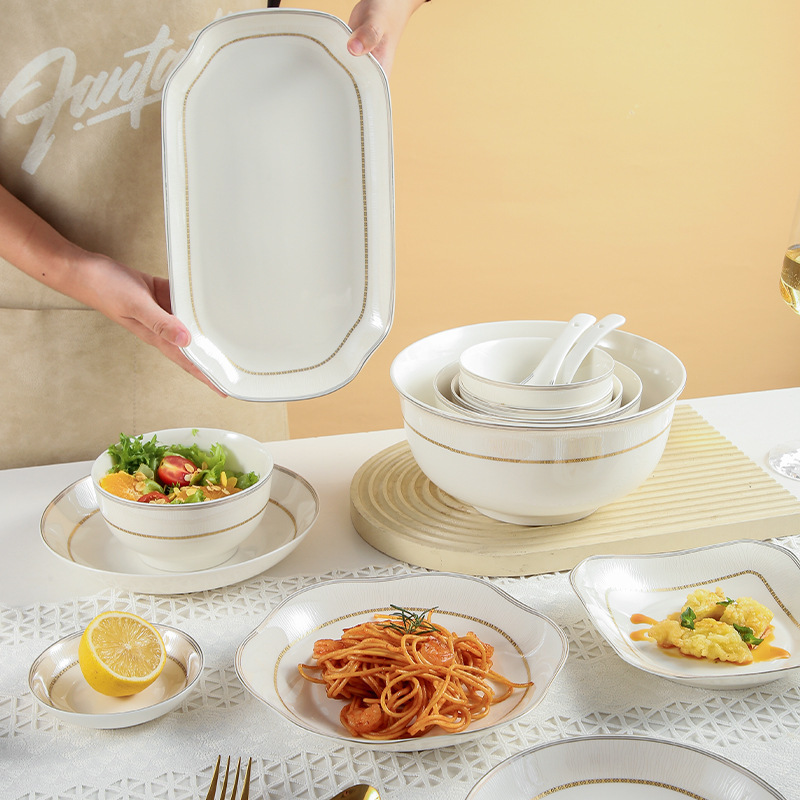 Snow White Ceramic European Style Modern Simple New Bone China Dishes Set Plate Bowl Tableware Household Housewarming Wholesale