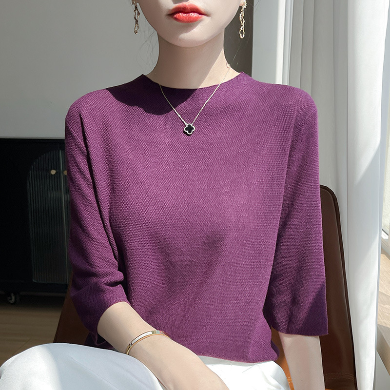 【メーカー直供】天糸半高襟ニット半袖tシャツ女性夏純色ファッション痩せ氷糸上着|undefined