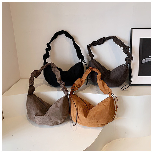 Korean-style minimalist pleated cloud handbag, fresh and literary PU fabric tote shoulder bag with drawstring strap, crossbody fabric bag