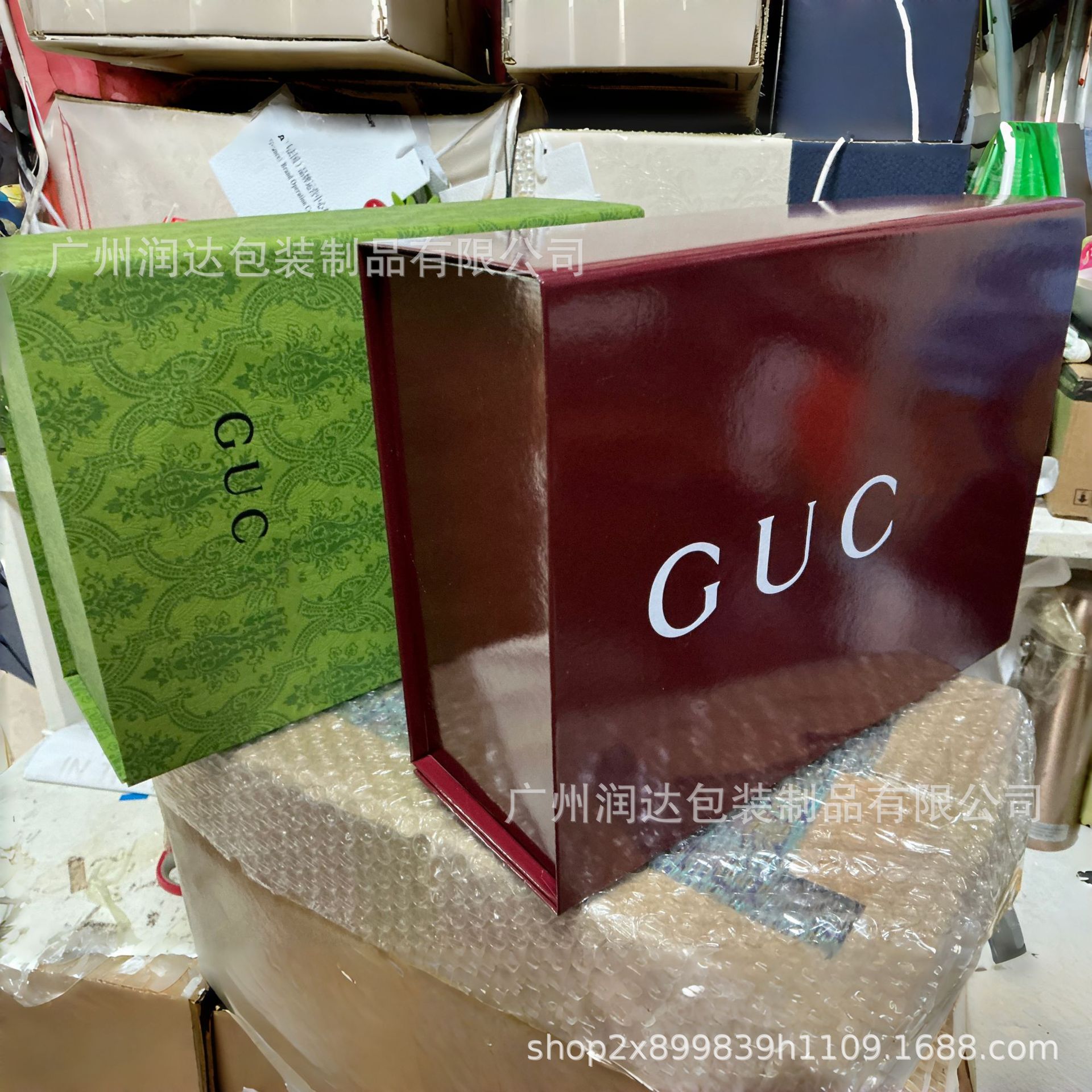 现货欧美大牌专柜Guc古绿一片式磁吸折叠包包礼盒大衣盒包装