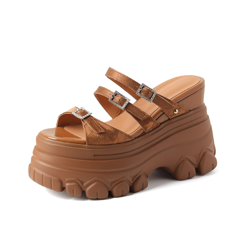 Sandal cao gót nữ đế xuồng 12cm da bò nguyên chất quai ngang — Màu đen, Màu trắng be, Màu hạnh nhân đậm