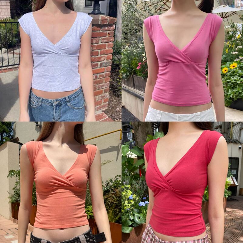 Bm Style New American Casual Cross V-Neck Magenta Camisole Women's Bm Versatile Spicy Girl Short-Sleeve T-Shirt Top
