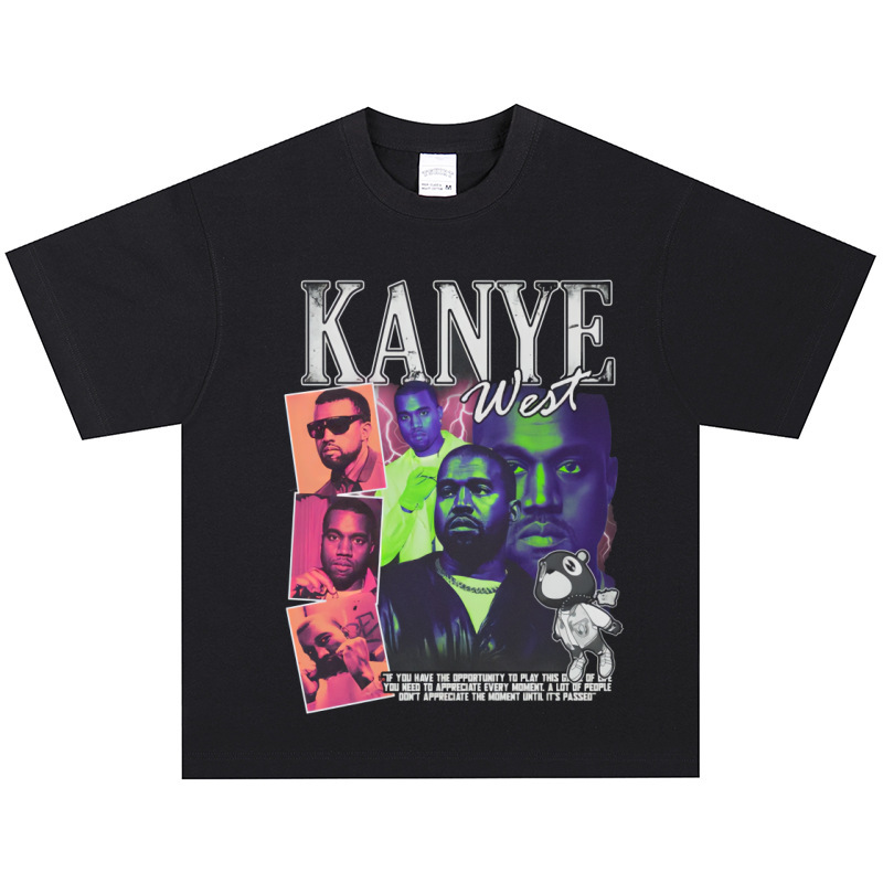 Kanye West Hip-Hop Rapper American Retro T-Shirt Street Heavy-Duty Distressed Short-Sleeve Vintage Long-Sleeve