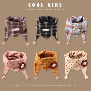 Children's check autumn and winter cute small flower triangle scarf for boys and girls baby going out windproof warm skin-friendly comfortable scarf