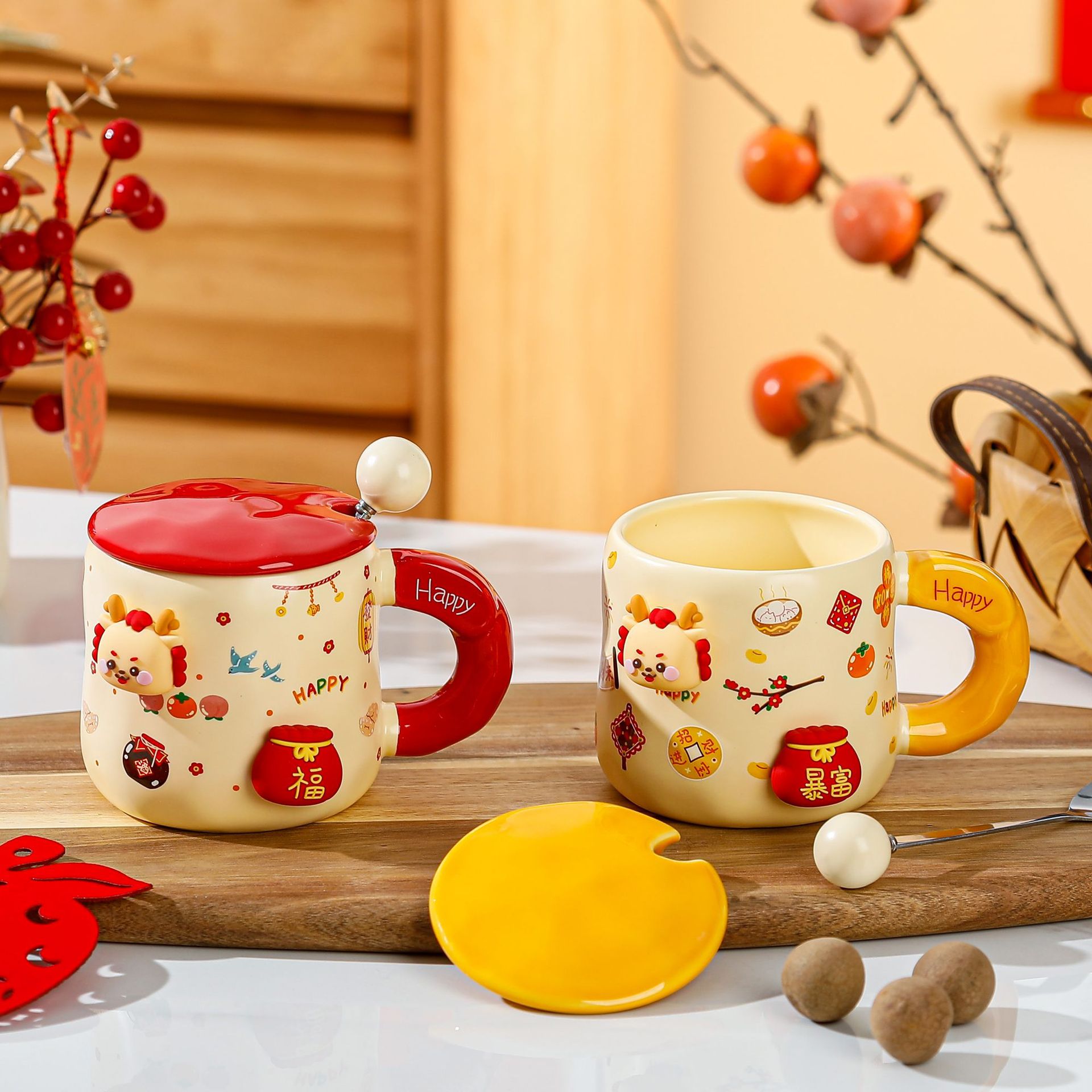 Regalo creativo taza de Año Nuevo con tapa cuchara Año del Dragón de cerámica taza de agua taza de café festivo de alta apariencia Taza de BRICOLAJE