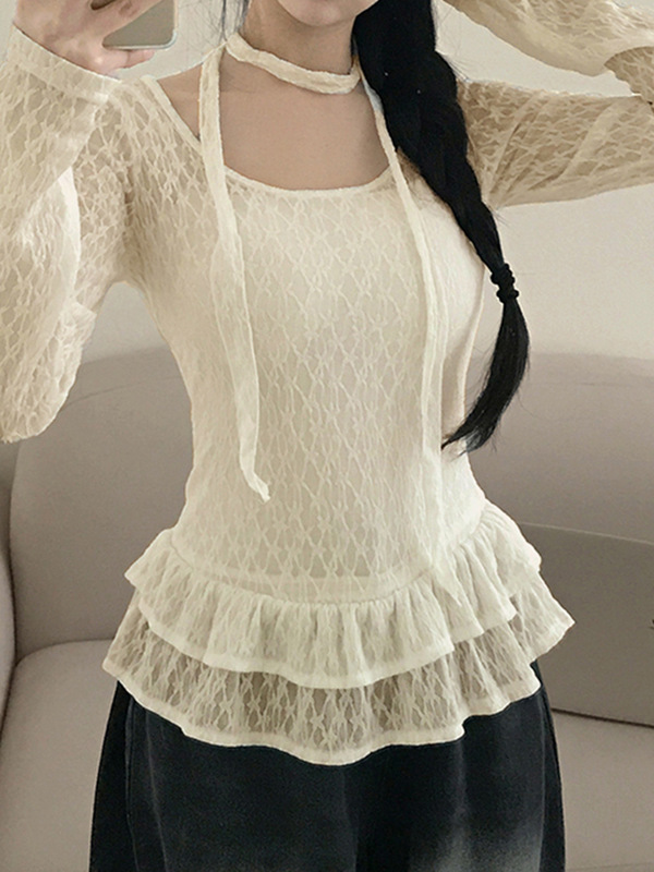 欧美甜美风V领蕾丝纯欲少女喇叭袖T恤跨境新款V领系带修身短上衣|undefined