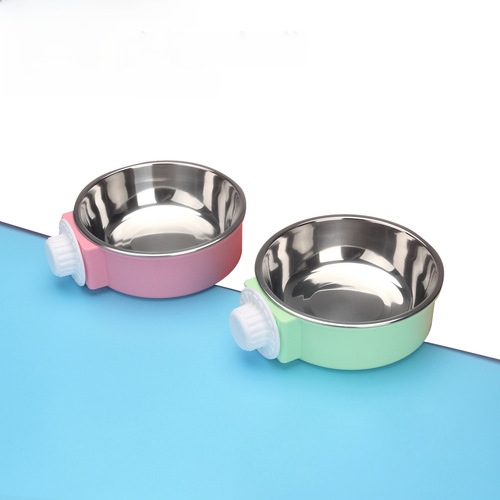 Cross-border direct supply pet candy color stainless steel dog bowl, pet cat food bowl with cage, hanging stainless steel hanging bowl