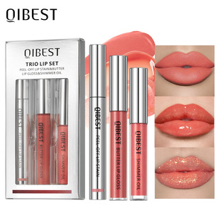 Qibest Non-Stick Cup Matte Pattern Embroidered Peel-Off Lip Gloss Lip Liner Easy to Color Mirror Pearlescent Lip Oil Set