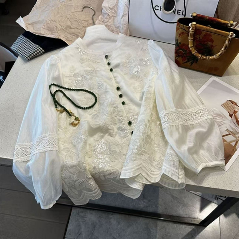 New Chinese-Style National Style Women's Clothing with Heavy Embroidery Floral Long-Sleeve Shirt, 2026 New French-Style Elegant Tencel Shirt