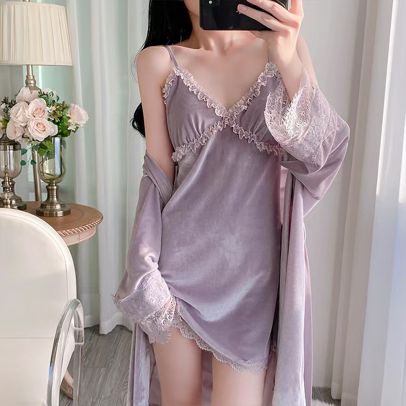 Autumn and Winter New Gold Velvet Two-Piece Lace Nightgown Suspenders Luxury Pure Lust Style Women's Pajamas Women's Home Clothes