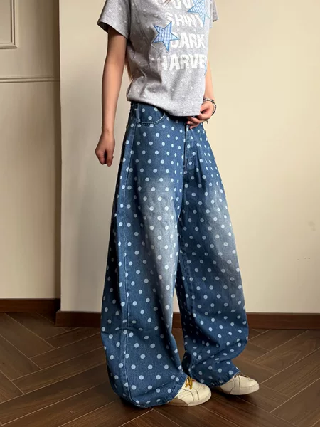 Factory American Retro Washed Polka Dot Scimitar Jeans for Women 2026 Summer Loose Wide-Leg Floor-Length Pants