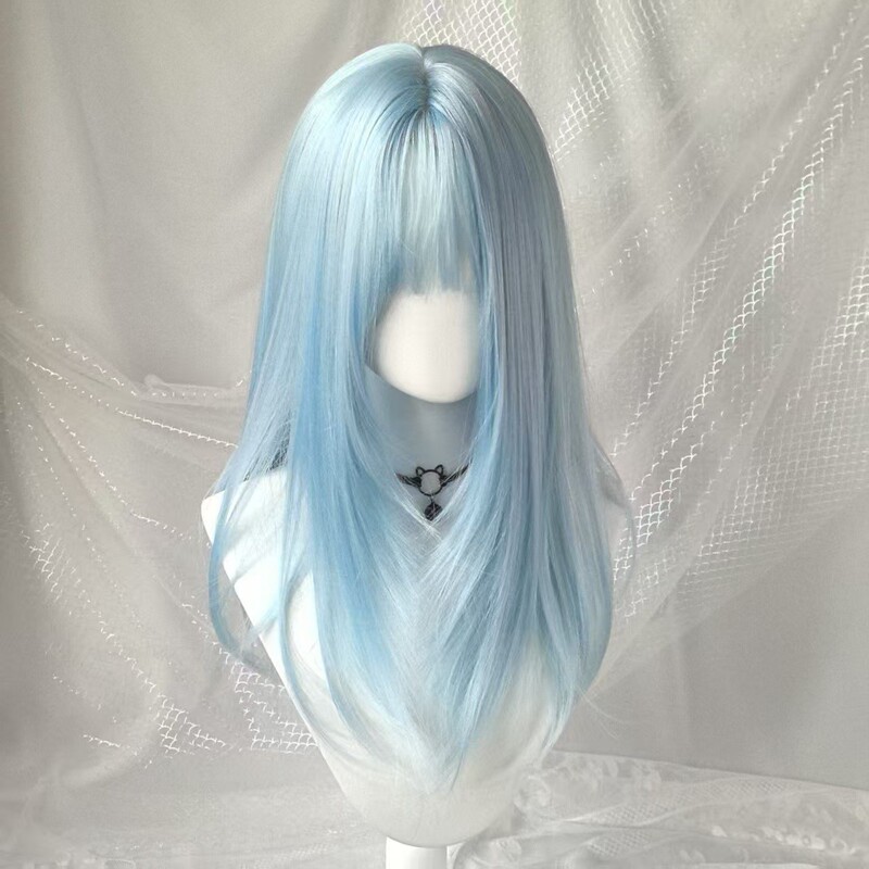 Factory price new model with bangs, ice blue long straight hair, middle parting synthetic wig, high-temperature resistant fiber, high quality Factory price new model with bangs, ice blue long straight hair, middle parting synthetic wig, high-temperature resistant fiber, high quality