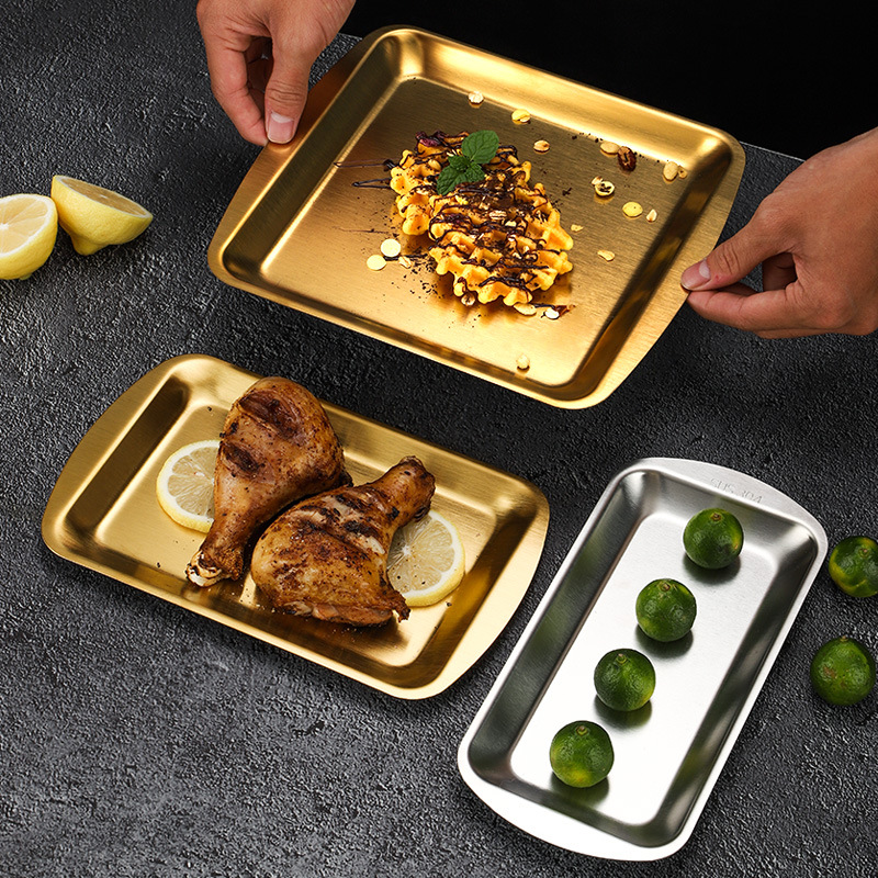 Coreano 304 placa de acero inoxidable placa rectangular engrosada Placa de sushi esmerilado dorado plato de postre Placa de barbacoa Zibo