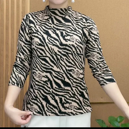 Autumn and winter new fashionable warm semi-high-collar printed base shirt all-matching meat-covering long-sleeved mom's top