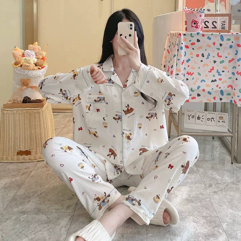 Autumn Cartoon Pajama Set — Long-Sleeve Top, Trousers & Cardigan, Sizes M–XXL, Multi-Color