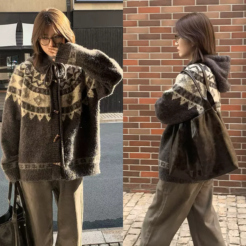 夹心蛋挞2024秋冬新款费尔岛古着羊驼毛牛角扣开衫毛衣加厚外套冬