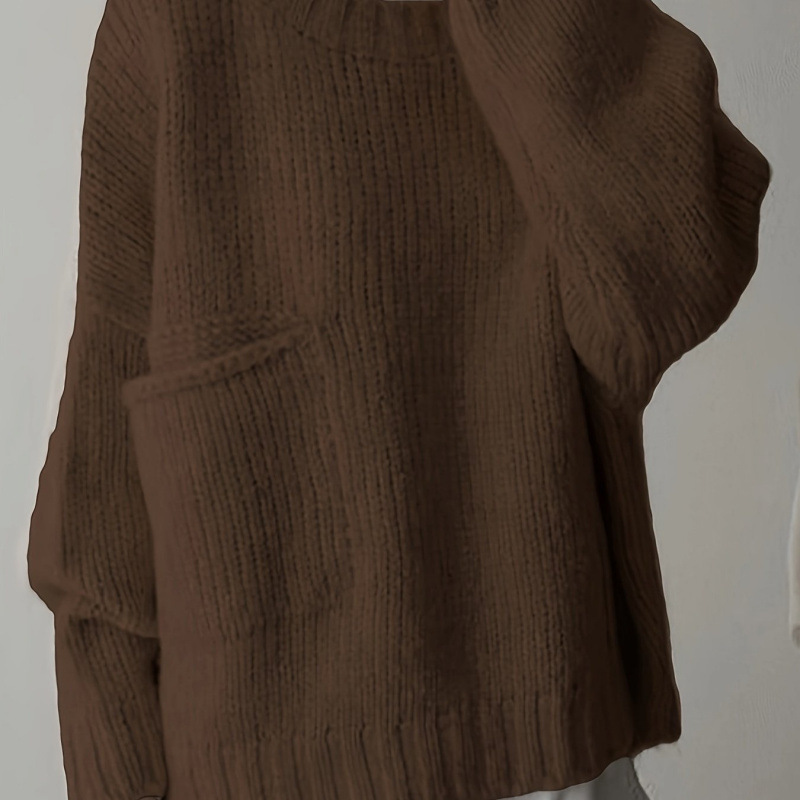 Plus Size Solid Pocket Crew Neck Sweater Casual Long Sle跨境|undefined