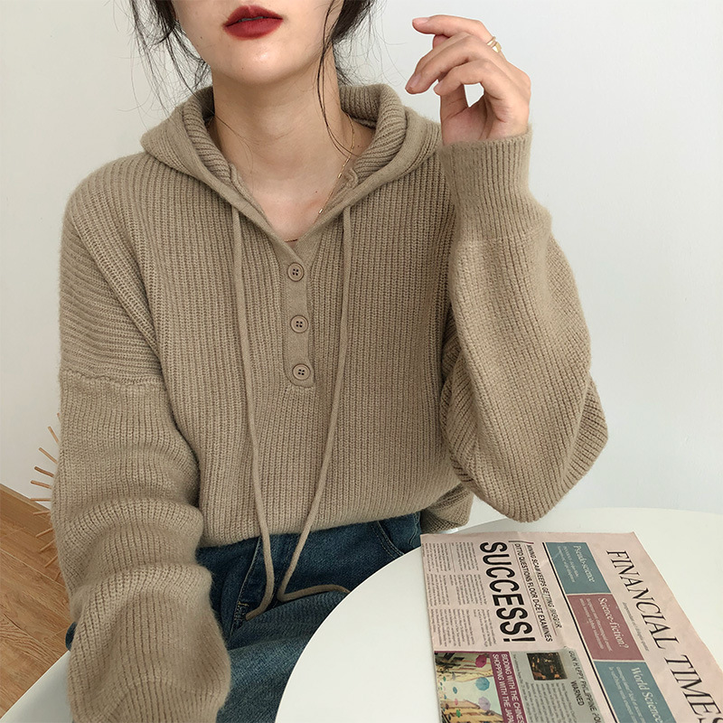 Suéter de mujer invierno / otoño abrigo temperamento de alto nivel japonés / coreano relajado chaqueta de viento con correa de correa variada camisa de punto con capuz image 13