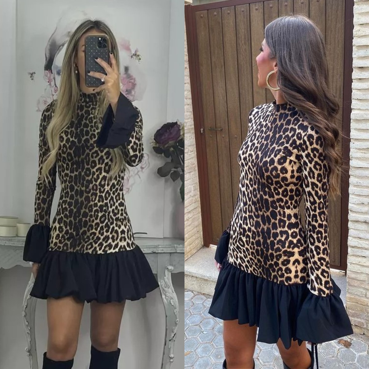 Europe and the United States Amazon cross-border 2024 autumn new leopard print stitching horn sleeve slim mini long sleeve dress