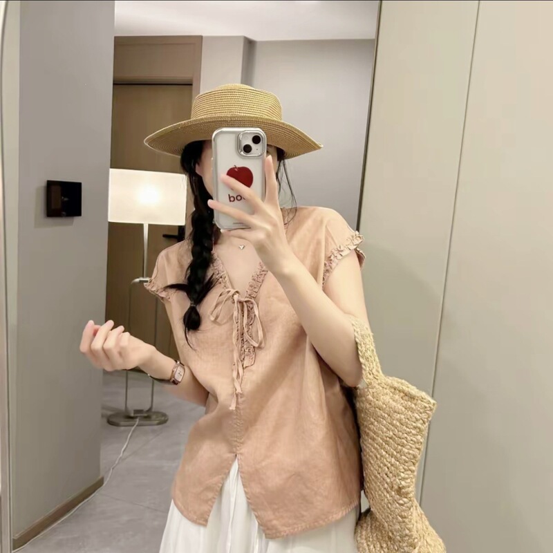 Linen summer tie-neck loose slim-fit versatile thin women's short-sleeve top 1802 white orange pink Linen summer tie-neck loose slim-fit versatile thin women's short-sleeve top 1802 white orange pink