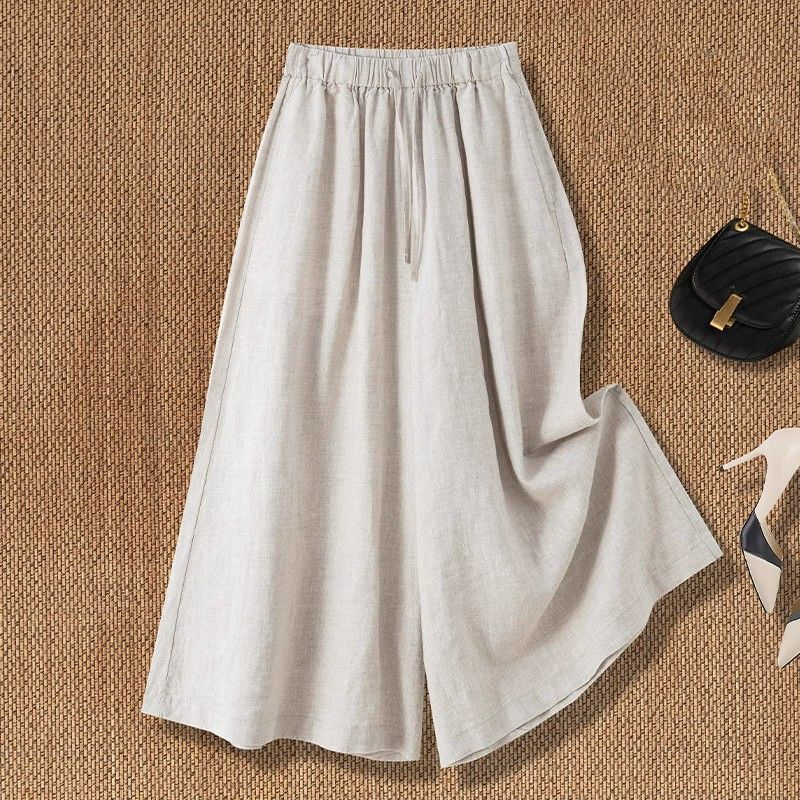 Cotton and Linen Wide-Leg Pants for Women, Summer Thin Cropped Pants, 2025 New Cotton and Linen Skirt Pants, Plus Size, Straight Casual Pants for Curvy Women