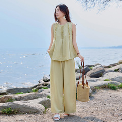 ファッションカジュアルセット2025夏の新型婦人服丸襟袖なし上着ワイドパンツ2点セットN66109