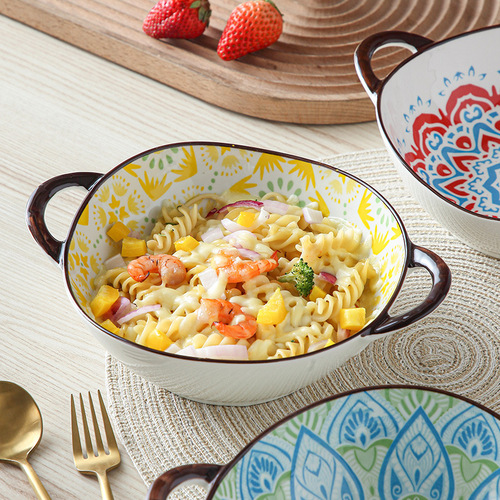 Modern Bohemian Underglaze Ceramic Double-Handle Shaped Bowl | Home & Dining | Internet-Famous Baked Rice Bowl for Restaurants | Stir-Fry, Noodle, and Soup Bowl