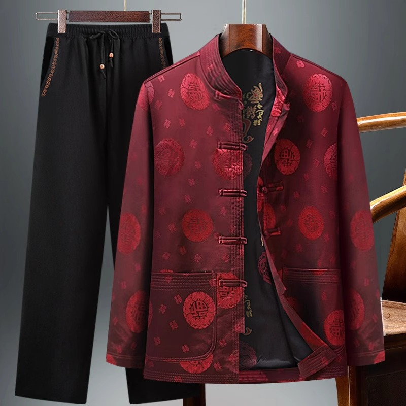 爷爷生日衣服父亲婚宴装本命年爸爸唐装中老年男外套中国风福字款