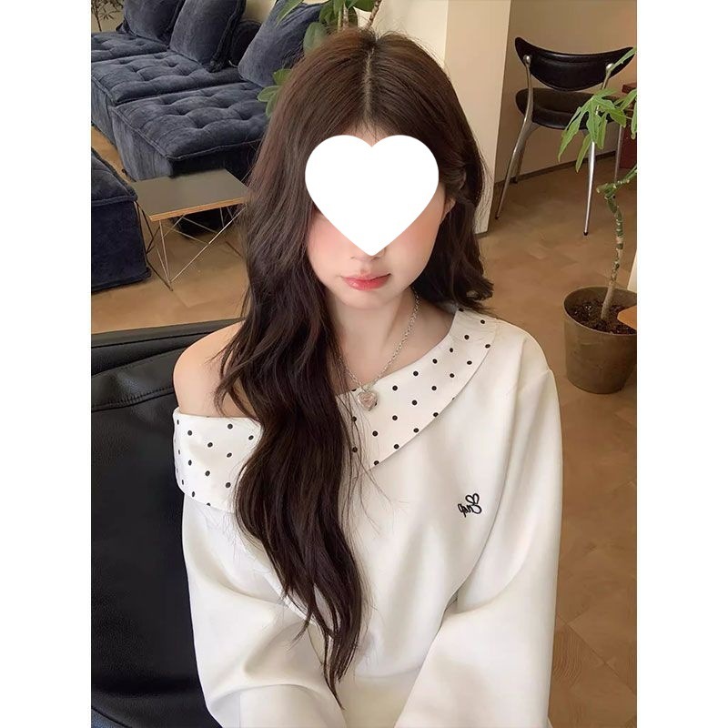 一字肩斜肩波点卫衣长袖T恤上衣女早秋季新款高腰显瘦半身裙套装|undefined