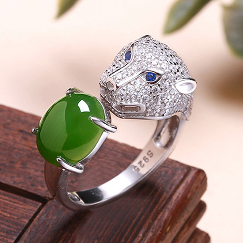 Full diamond temperament, gentle and soft green jade leopard head ring, open inlaid jade domineering leopard head ring, jade ring for women