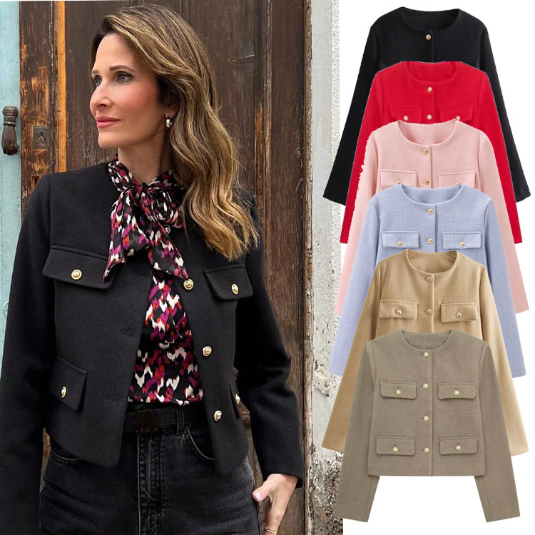 Cross-Border Women's Fashion Amazon European and American Style Pocket-Decorated Round-Neck Short Fashion Chanel-Style Jacket Top Chanel Style Cross-Border Women's Fashion Amazon European and American Style Pocket-Decorated Round-Neck Short Fashion Chanel-Style Jacket Top Chanel Style