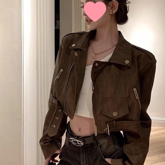 Retro Brown Leather Jacket for Women, Spring & Fall American Functional Style Loose Short Design Leather Jacket Motorcycle Jacket