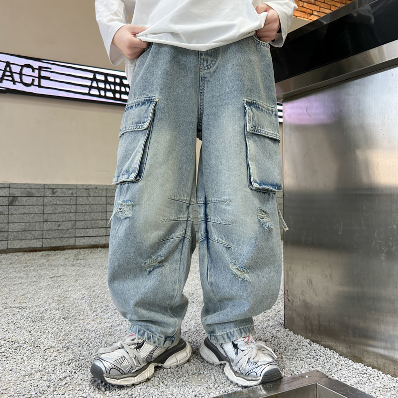 Spring Boys' Workwear Denim Pants New Children's Clothing Trendy Cool Boys' Light Blue Denim Pants Dropshipping