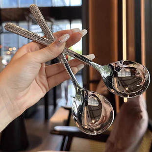 304 Stainless Steel Hammered Spoon Western Restaurant Long Handle Spoon Dessert Table Spoon Household 316 Thick Hammered Round Spoon Diamond Pattern