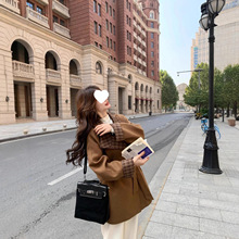 棕色感气质复古毛呢立领风衣外套女装秋季宽松中长款呢子大衣