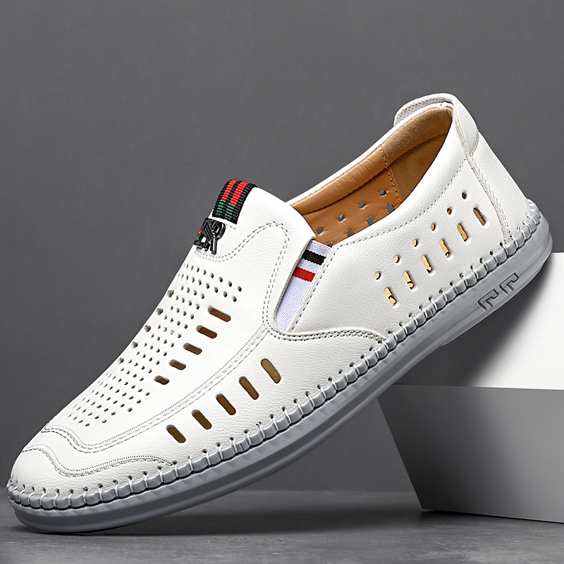 Summer leather sandals men's white hollow leather shoes new breathable Men's Shoes sandals soft bottom casual hole dad shoes
