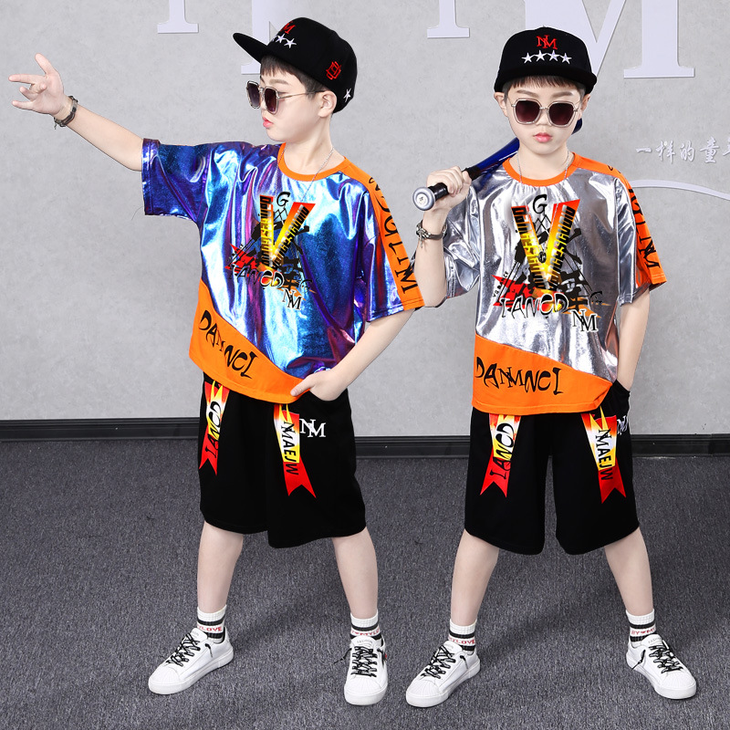 Abiti da spettacolo per la Giornata internazionale dei bambini, pantaloni da uomo a maniche corte color argento caldo, adatti all'hip-hop_voghion.com