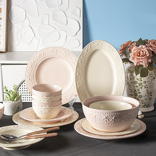 French-style Embossed Dishes suit Ceramic Bowl Soup Bowl Sense Dishes Tableware Household Plate Dinner Plate Bowl Light Luxury Lace