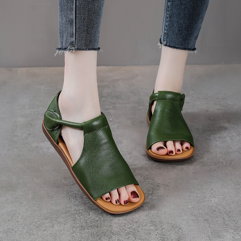 Giày lười nữ mũi vuông da bò đế bằng quai Velcro — Màu nâu
