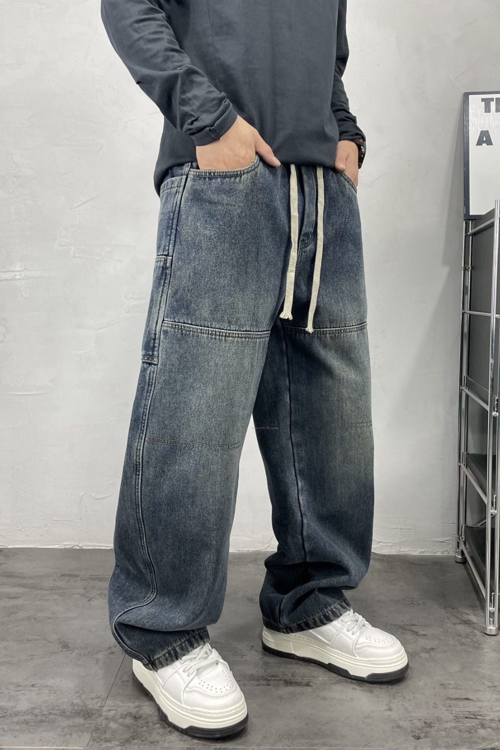 Men's High-Waisted Color-Block Jeans Blue & Black Loose Wide-Leg Straight Pants Hip Hop Style European American Trendy Brand_mkmklike.com