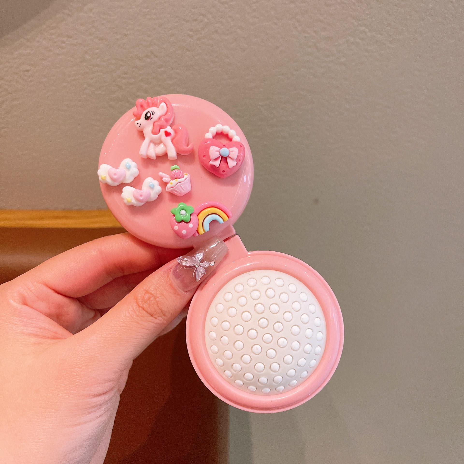 Lindo portátil con tapa plegable, peine de bolsa de aire plegable, masaje, peine pequeño, espejo, mini peine de colchón de aire portátil todo en uno, mujer