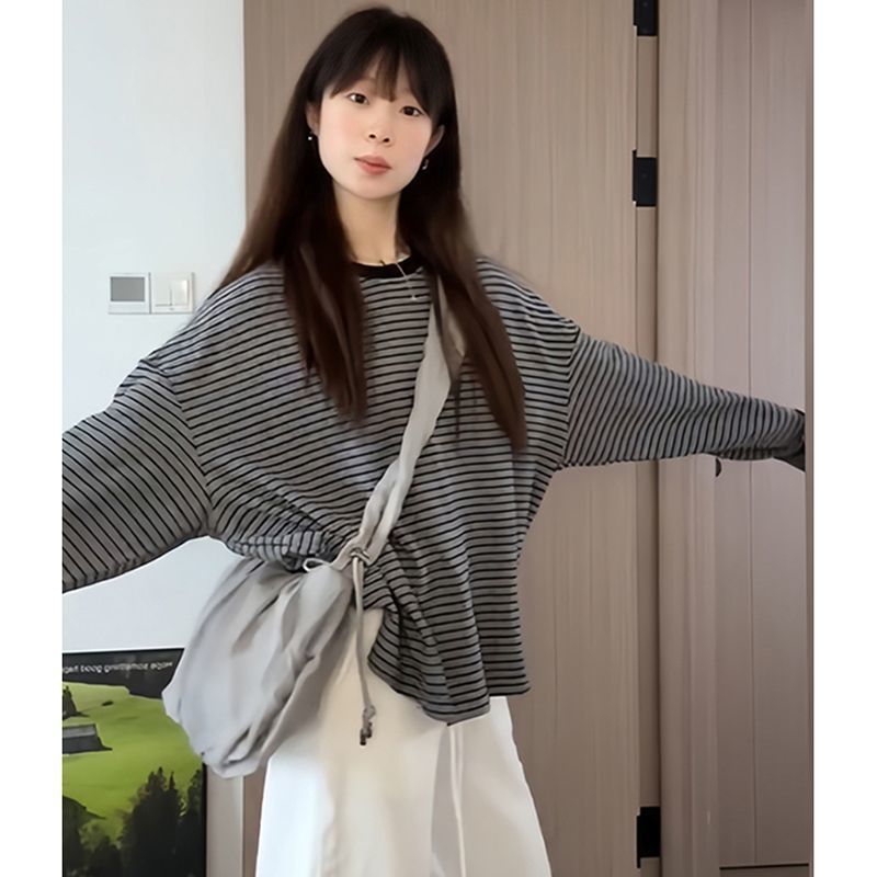 黑色条纹圆领长袖T恤宽松防晒罩衫早秋韩里韩气穿搭上衣女|undefined